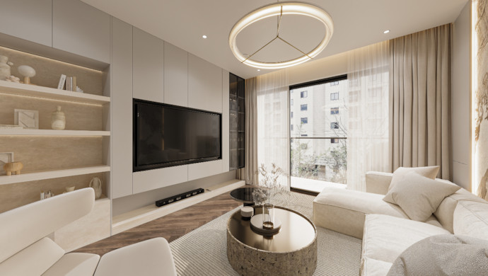 Phòng khách căn hộ Kepler Tower với cửa sổ lớn và nội thất sáng màu